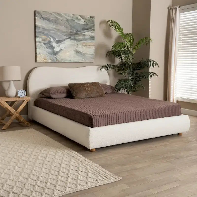 Letto a piattaforma in bouclé bianco sporco stile Mid-Century, Queen, 1 piazza