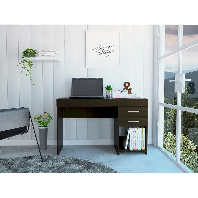 Scrivania da studio con 2 cassetti e ripiano aperto, per una persona, rovere affumicato / nero / grigio chiaro