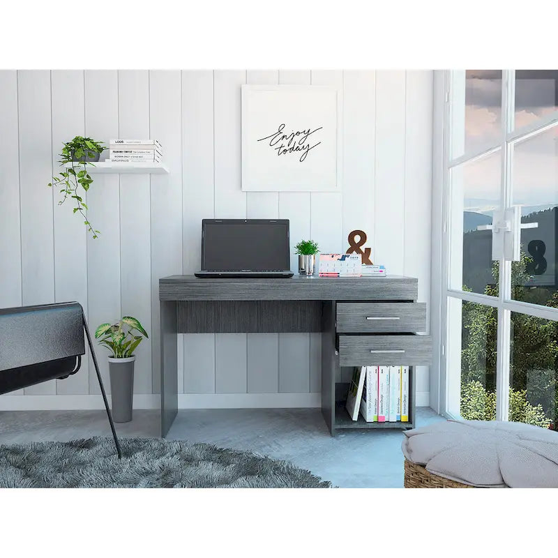 Scrivania da studio con 2 cassetti e ripiano aperto, per una persona, rovere affumicato / nero / grigio chiaro