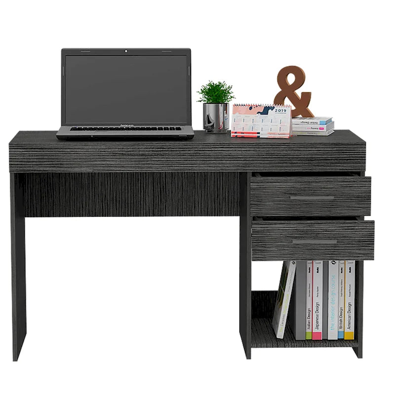 Scrivania da studio con 2 cassetti e ripiano aperto, per una persona, rovere affumicato / nero / grigio chiaro