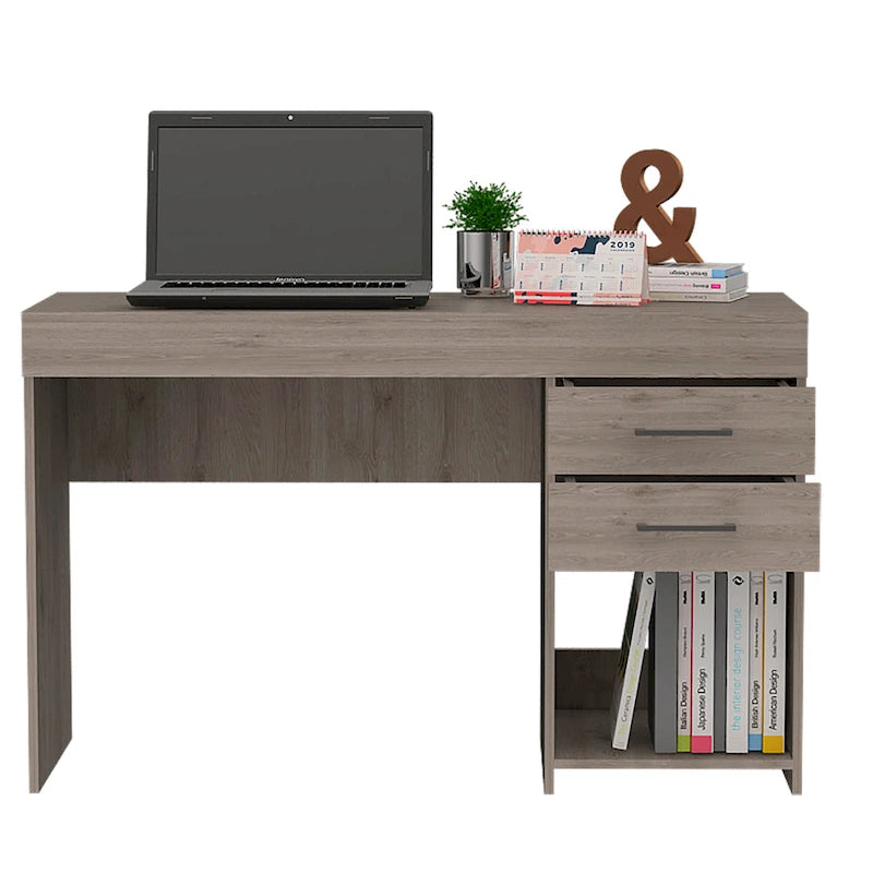 Scrivania da studio con 2 cassetti e ripiano aperto, per una persona, rovere affumicato / nero / grigio chiaro