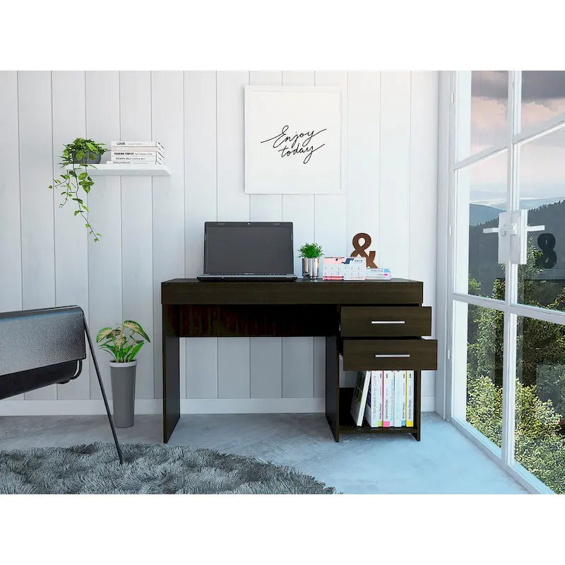 Scrivania da studio con 2 cassetti e ripiano aperto, per una persona, rovere affumicato / nero / grigio chiaro