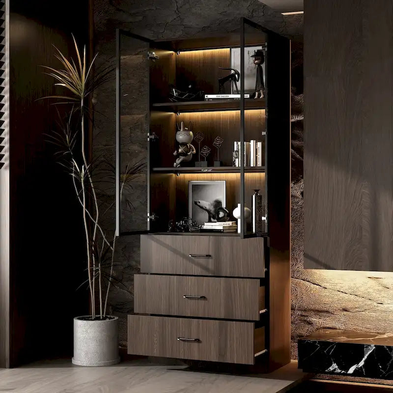 Credenza illuminata personalizzabile in alluminio e vetro per buffet o libreria