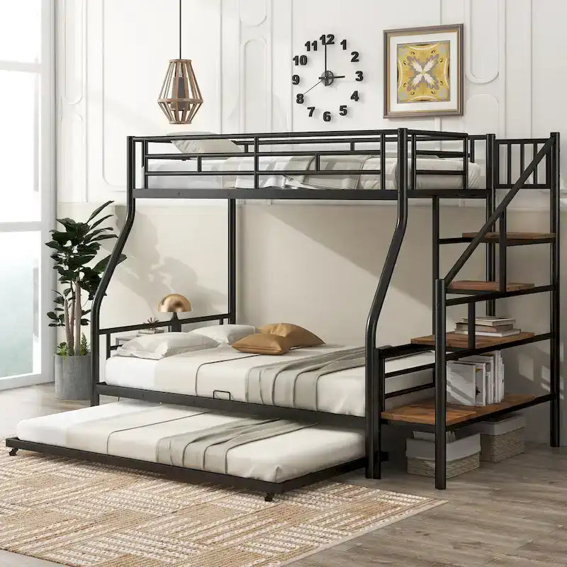 Letto a castello in metallo nero con letto estraibile e scala contenitore – 3 posti letto