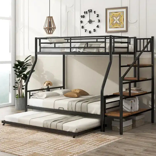Letto a castello in metallo nero con letto estraibile e scala contenitore – 3 posti letto