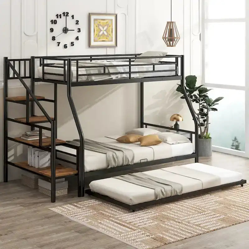 Letto a castello in metallo nero con letto estraibile e scala contenitore – 3 posti letto