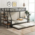 Letto a castello in metallo nero con letto estraibile e scala contenitore – 3 posti letto