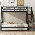 Letto a castello in metallo nero con letto estraibile e scala contenitore – 3 posti letto