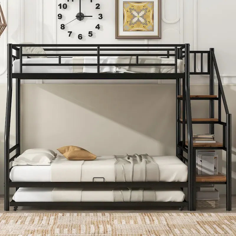 Letto a castello in metallo nero con letto estraibile e scala contenitore – 3 posti letto