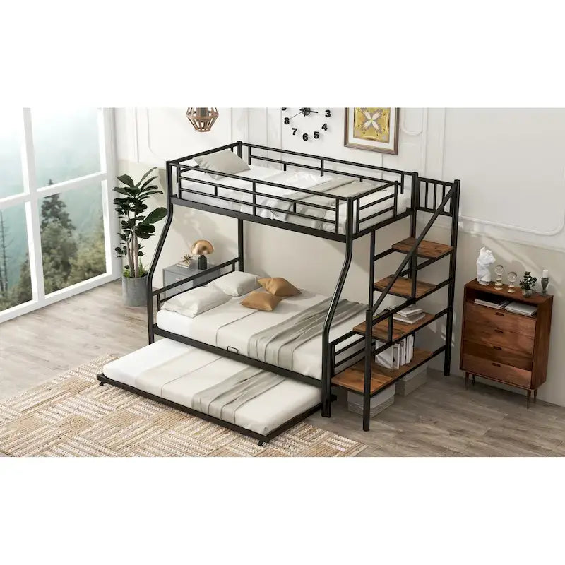Letto a castello in metallo nero con letto estraibile e scala contenitore – 3 posti letto