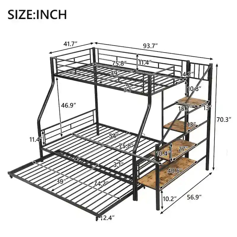 Letto a castello in metallo nero con letto estraibile e scala contenitore – 3 posti letto