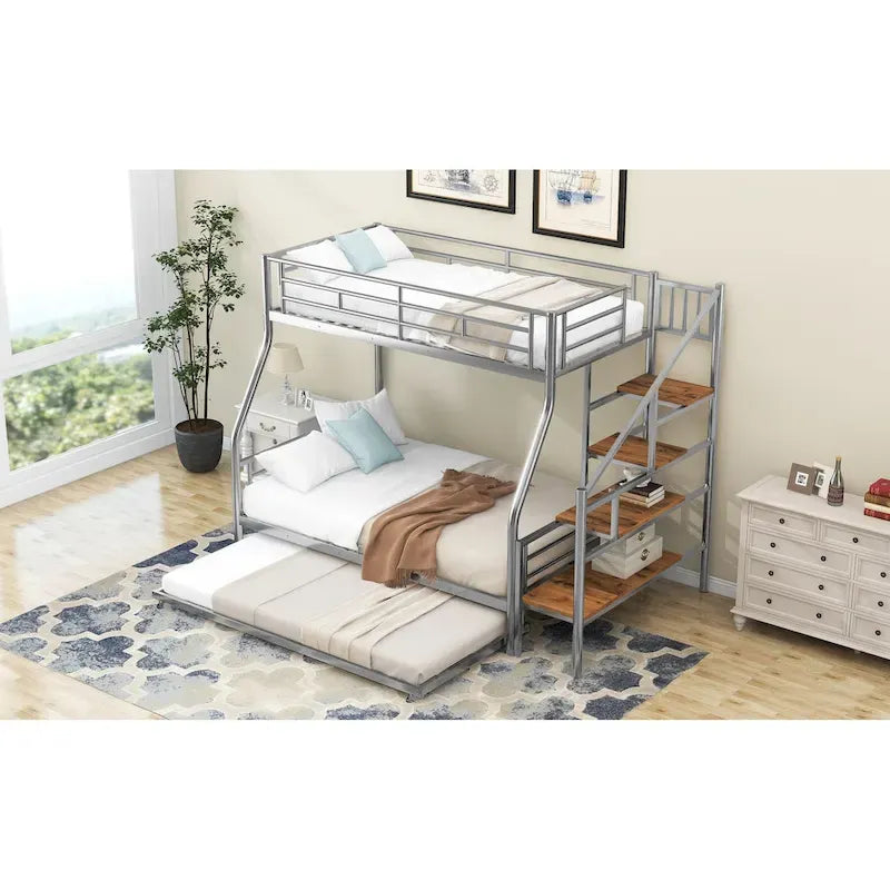 Letto a castello in metallo nero con letto estraibile e scala contenitore – 3 posti letto