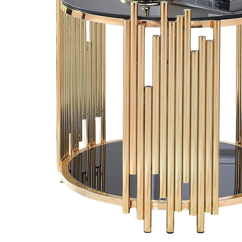 Tavolino rotondo con piano in vetro, oro, singolo
