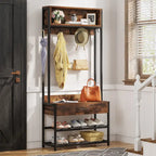 3-in-1 Rustic Brown Industrial Hall Tree with Shoe Bench and Hutch