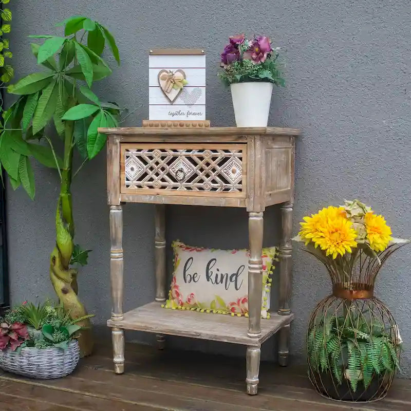 Comodino rustico marrone con cassetto, piano in legno, ripiano aperto a 1 livello