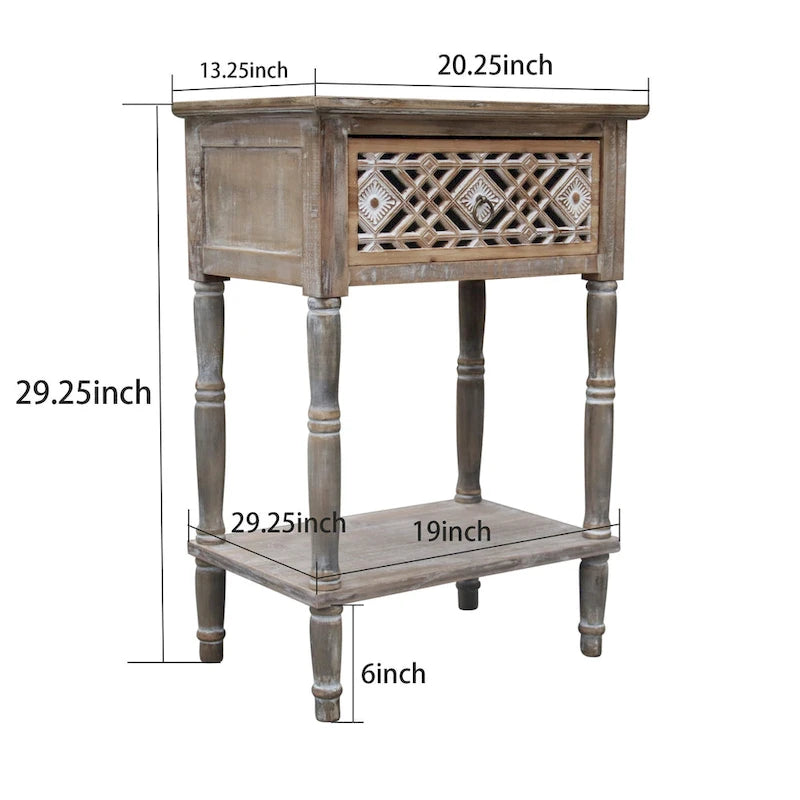 Comodino rustico marrone con cassetto, piano in legno, ripiano aperto a 1 livello