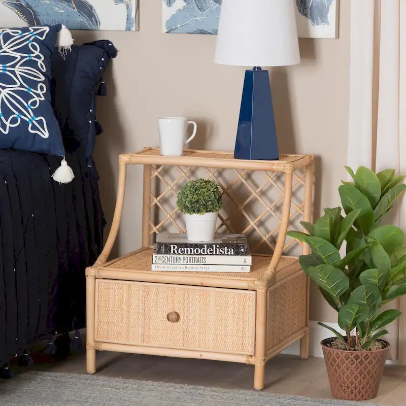 Comodino a 1 cassetto in rattan naturale marrone