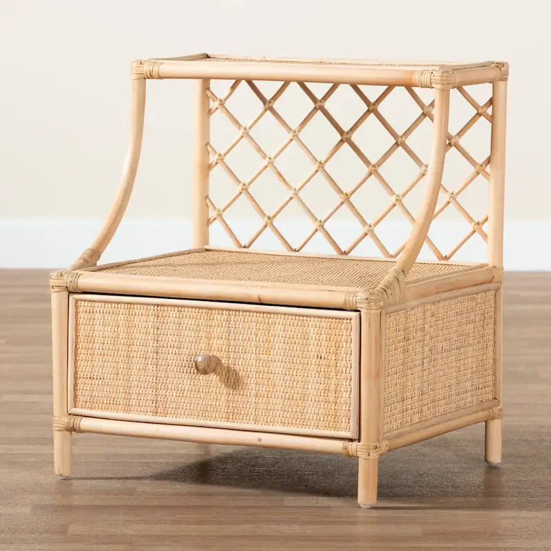 Comodino a 1 cassetto in rattan naturale marrone