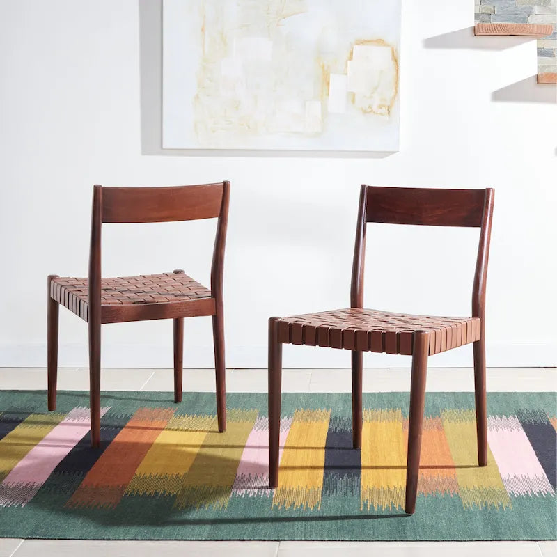 Sedia da pranzo in pelle color Cognac / Nera / Bianca, schienale aperto, set da 2
