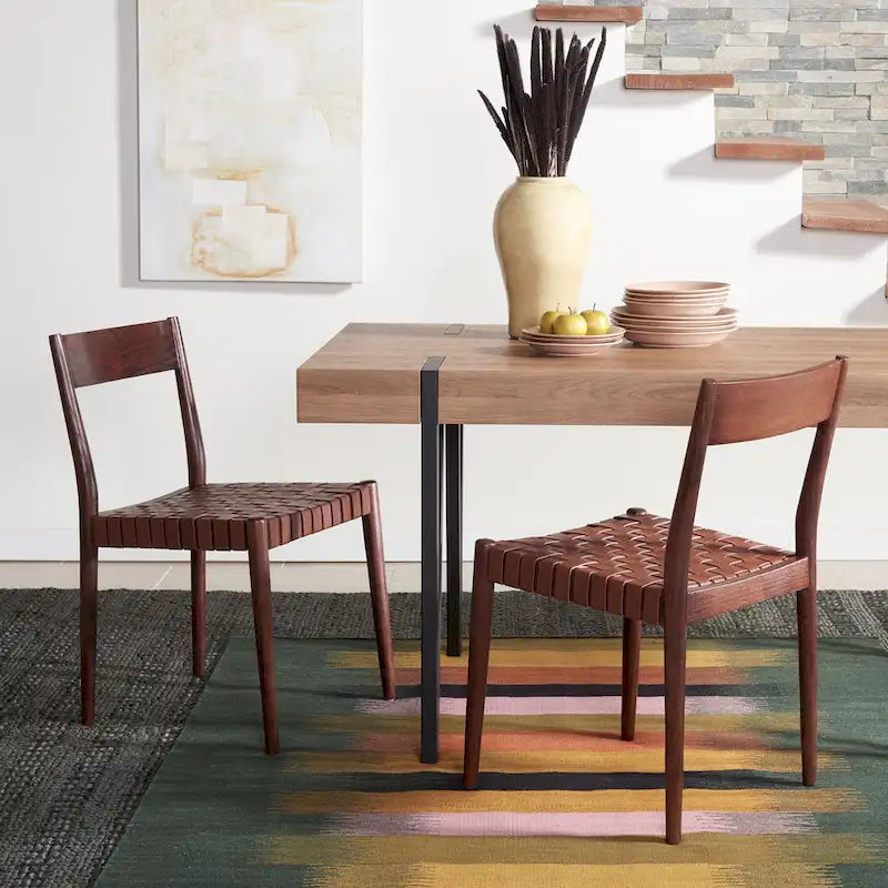 Sedia da pranzo in pelle color Cognac / Nera / Bianca, schienale aperto, set da 2