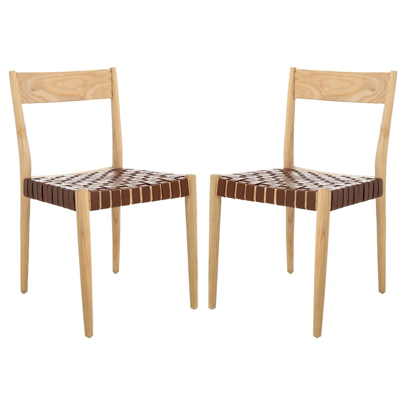 Sedia da pranzo in pelle color Cognac / Nera / Bianca, schienale aperto, set da 2