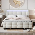 Letto matrimoniale alla francese con luci LED e 4 cassetti, tessuto in lino, beige/grigio, 1 posto