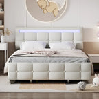 Letto matrimoniale alla francese con luci LED e 4 cassetti, tessuto in lino, beige/grigio, 1 posto