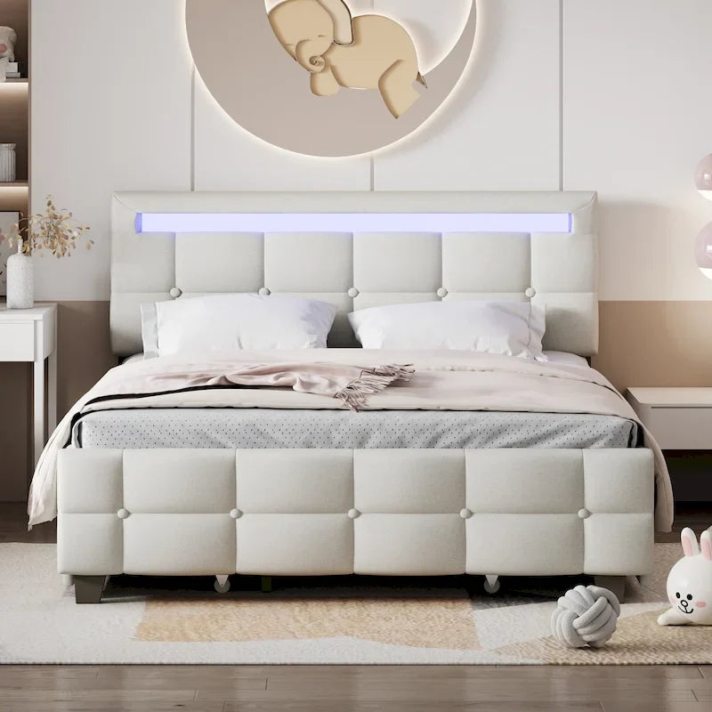 Letto matrimoniale alla francese con luci LED e 4 cassetti, tessuto in lino, beige/grigio, 1 posto