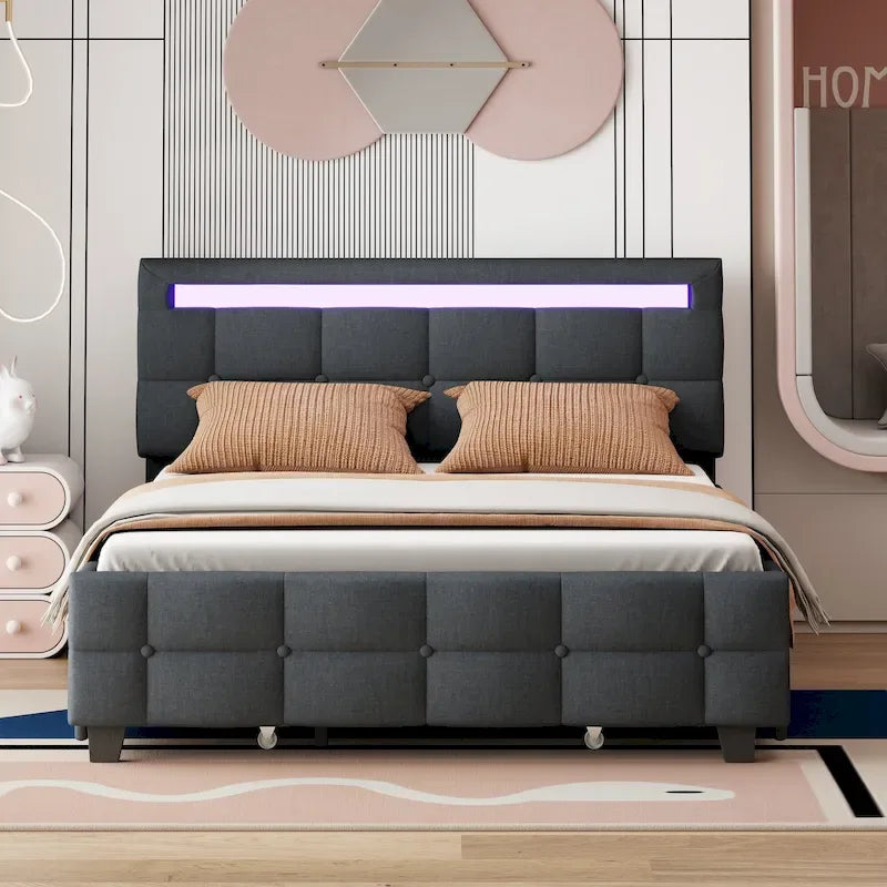 Letto matrimoniale alla francese con luci LED e 4 cassetti, tessuto in lino, beige/grigio, 1 posto