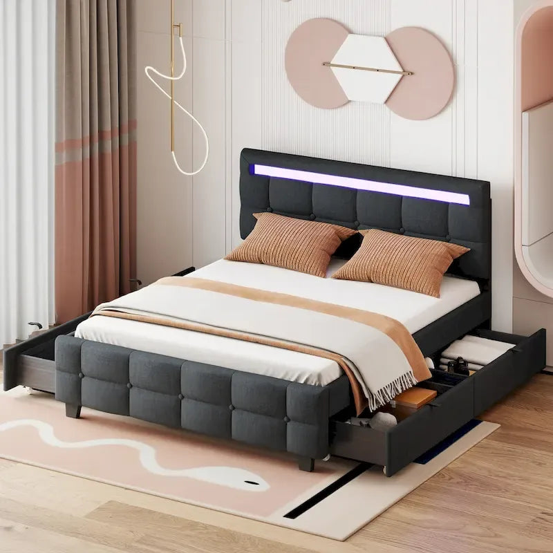 Letto matrimoniale alla francese con luci LED e 4 cassetti, tessuto in lino, beige/grigio, 1 posto