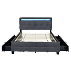 Letto matrimoniale alla francese con luci LED e 4 cassetti, tessuto in lino, beige/grigio, 1 posto