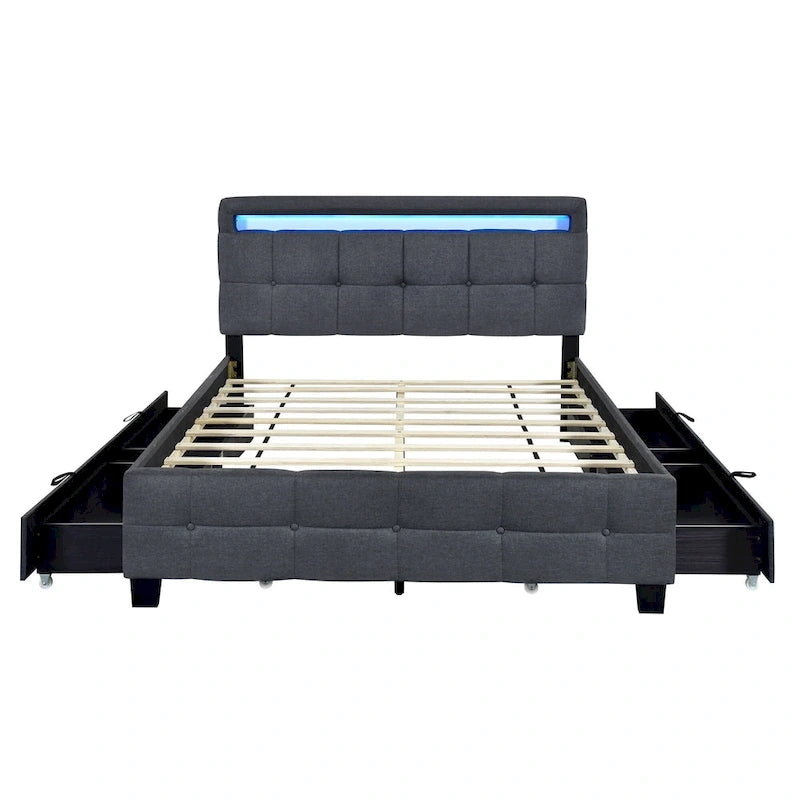 Letto matrimoniale alla francese con luci LED e 4 cassetti, tessuto in lino, beige/grigio, 1 posto