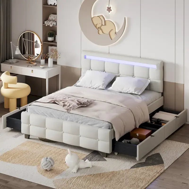 Letto matrimoniale alla francese con luci LED e 4 cassetti, tessuto in lino, beige/grigio, 1 posto