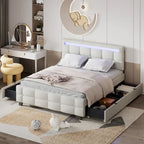 Letto matrimoniale alla francese con luci LED e 4 cassetti, tessuto in lino, beige/grigio, 1 posto