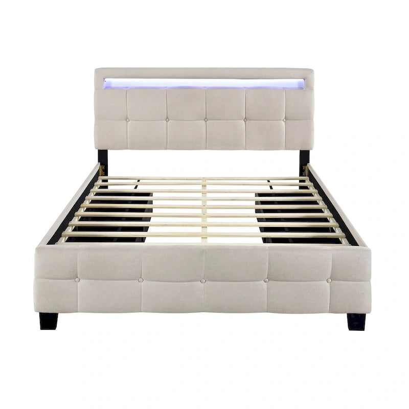 Letto matrimoniale alla francese con luci LED e 4 cassetti, tessuto in lino, beige/grigio, 1 posto