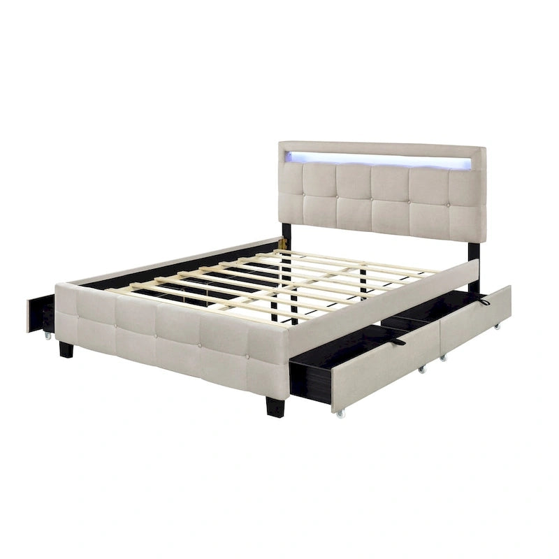 Letto matrimoniale alla francese con luci LED e 4 cassetti, tessuto in lino, beige/grigio, 1 posto