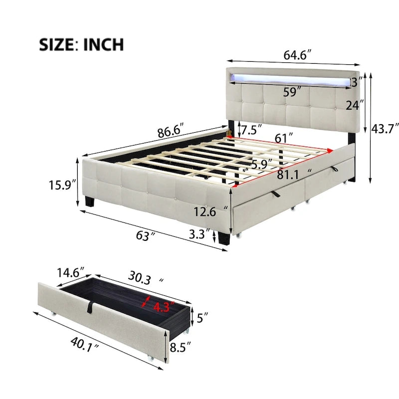 Letto matrimoniale alla francese con luci LED e 4 cassetti, tessuto in lino, beige/grigio, 1 posto