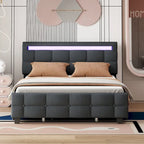 Letto matrimoniale alla francese con luci LED e 4 cassetti, tessuto in lino, beige/grigio, 1 posto