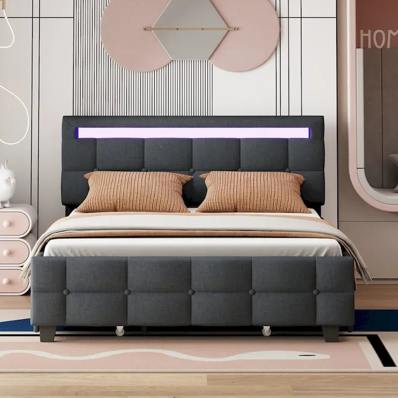 Letto matrimoniale alla francese con luci LED e 4 cassetti, tessuto in lino, beige/grigio, 1 posto