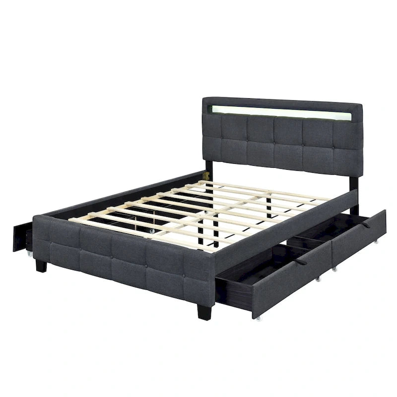 Letto matrimoniale alla francese con luci LED e 4 cassetti, tessuto in lino, beige/grigio, 1 posto
