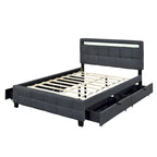 Letto matrimoniale alla francese con luci LED e 4 cassetti, tessuto in lino, beige/grigio, 1 posto