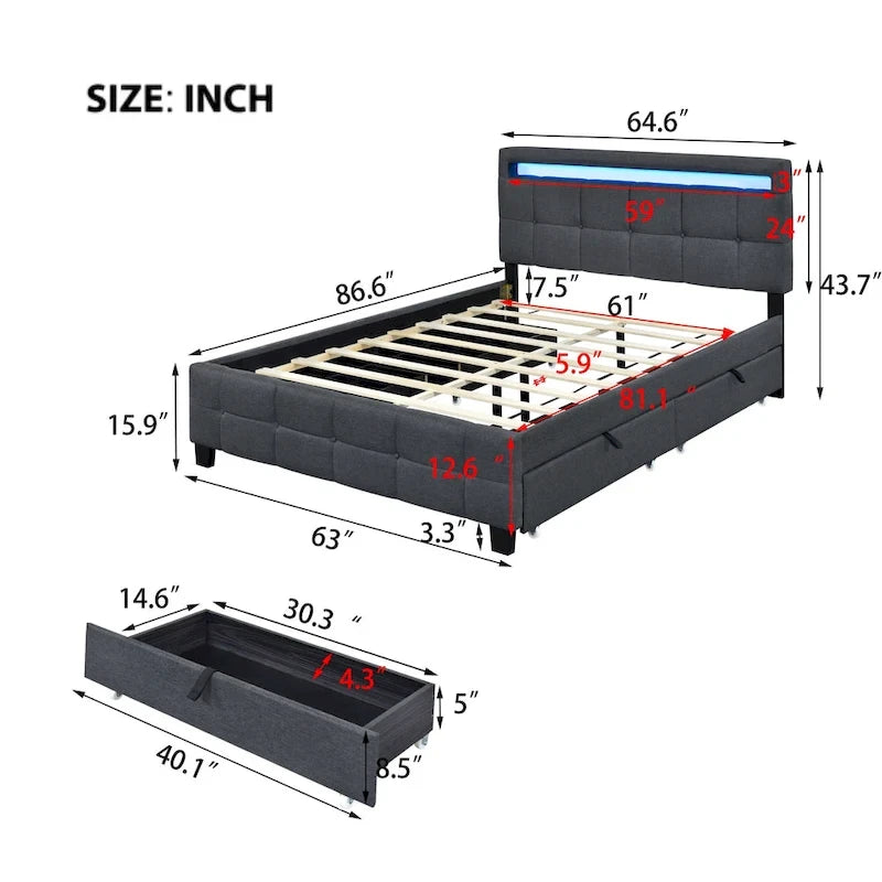 Letto matrimoniale alla francese con luci LED e 4 cassetti, tessuto in lino, beige/grigio, 1 posto