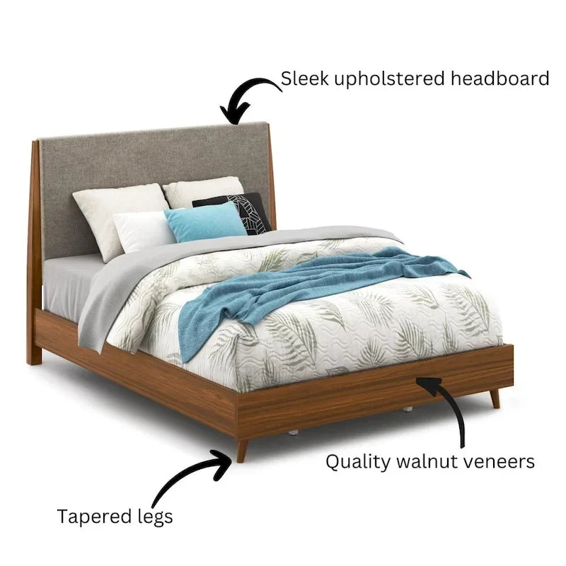 Letto matrimoniale in noce e tessuto "Silt", stile Mid-Century, per 2 persone