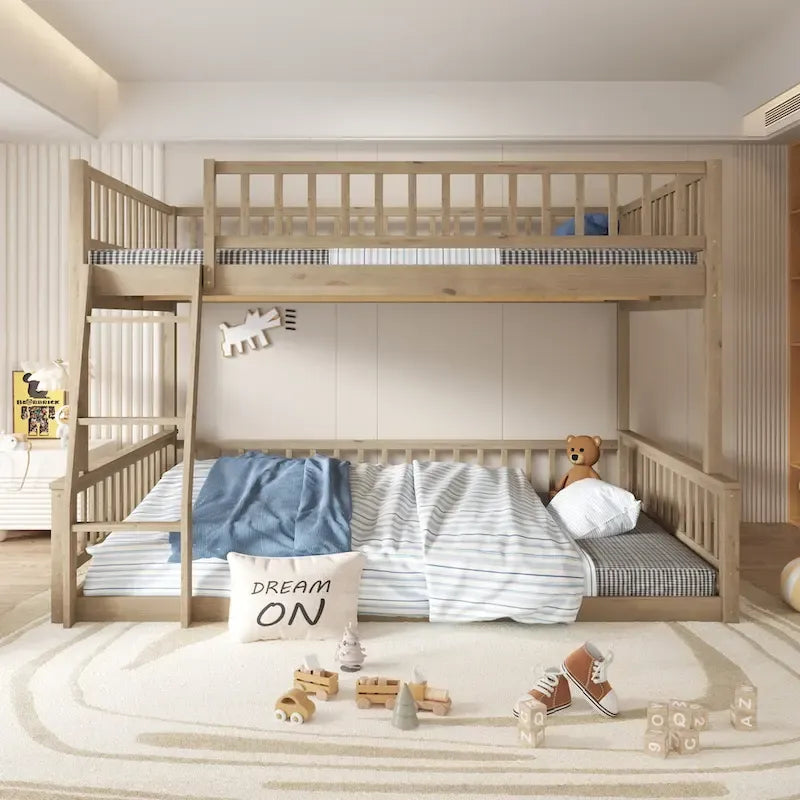 Grigio / Noce Letto a castello Full XL su Queen con scaletta e spondine, 2 persone