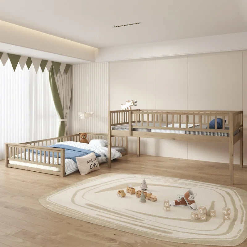 Grigio / Noce Letto a castello Full XL su Queen con scaletta e spondine, 2 persone