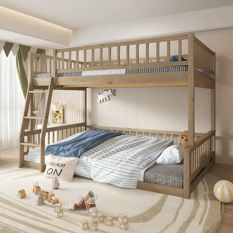 Grigio / Noce Letto a castello Full XL su Queen con scaletta e spondine, 2 persone
