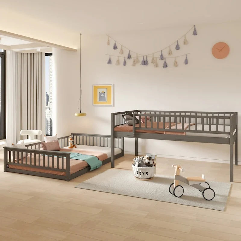 Grigio / Noce Letto a castello Full XL su Queen con scaletta e spondine, 2 persone