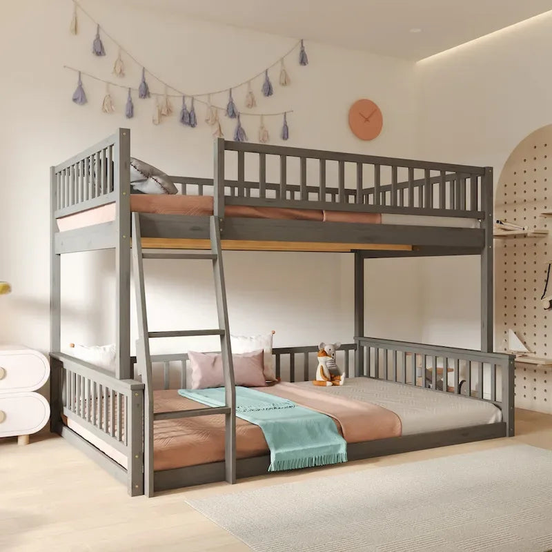 Grigio / Noce Letto a castello Full XL su Queen con scaletta e spondine, 2 persone