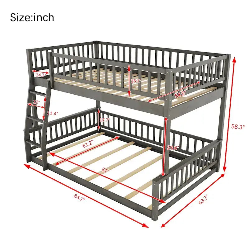 Grigio / Noce Letto a castello Full XL su Queen con scaletta e spondine, 2 persone