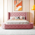 Letto a piattaforma Queen in velluto Rosa / Grigio / Beige / Blu con testiera imbottita e contenitore, 2 posti letto